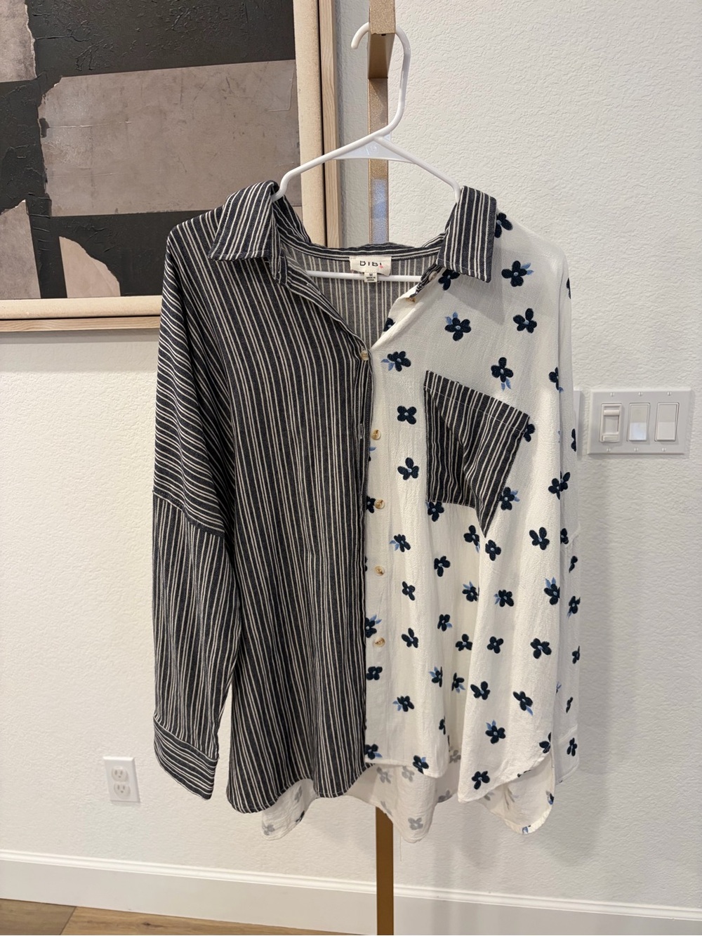 Bibi Two-Tone Navy & White Striped and Floral Mixed-Pattern Shirt size medium